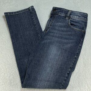 Chicos Jeans Womens Sz 12 Blue Platinum Straight Leg Embroidered Pockets 33x29